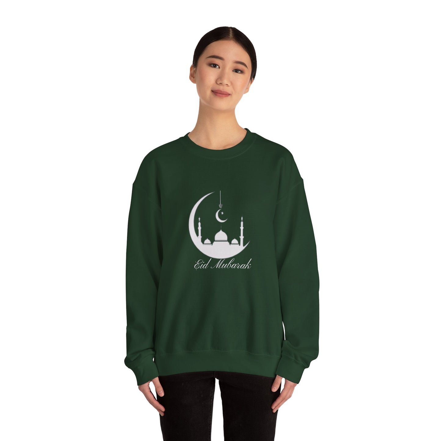 Eid Mubarak Sweatshirt, Crescent Moon Islamic Graphic, Mosques Silhouette Unisex Pullover