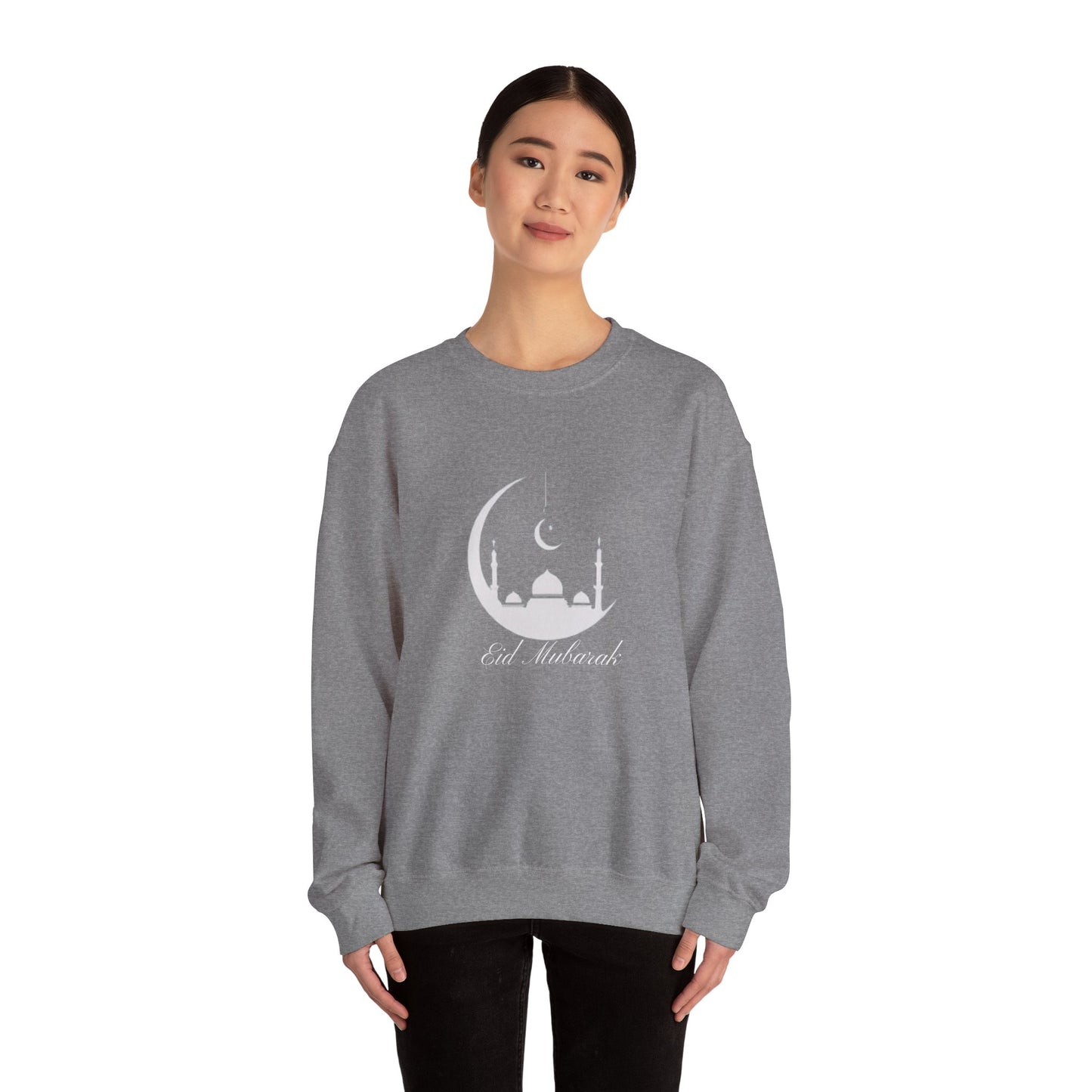 Eid Mubarak Sweatshirt, Crescent Moon Islamic Graphic, Mosques Silhouette Unisex Pullover