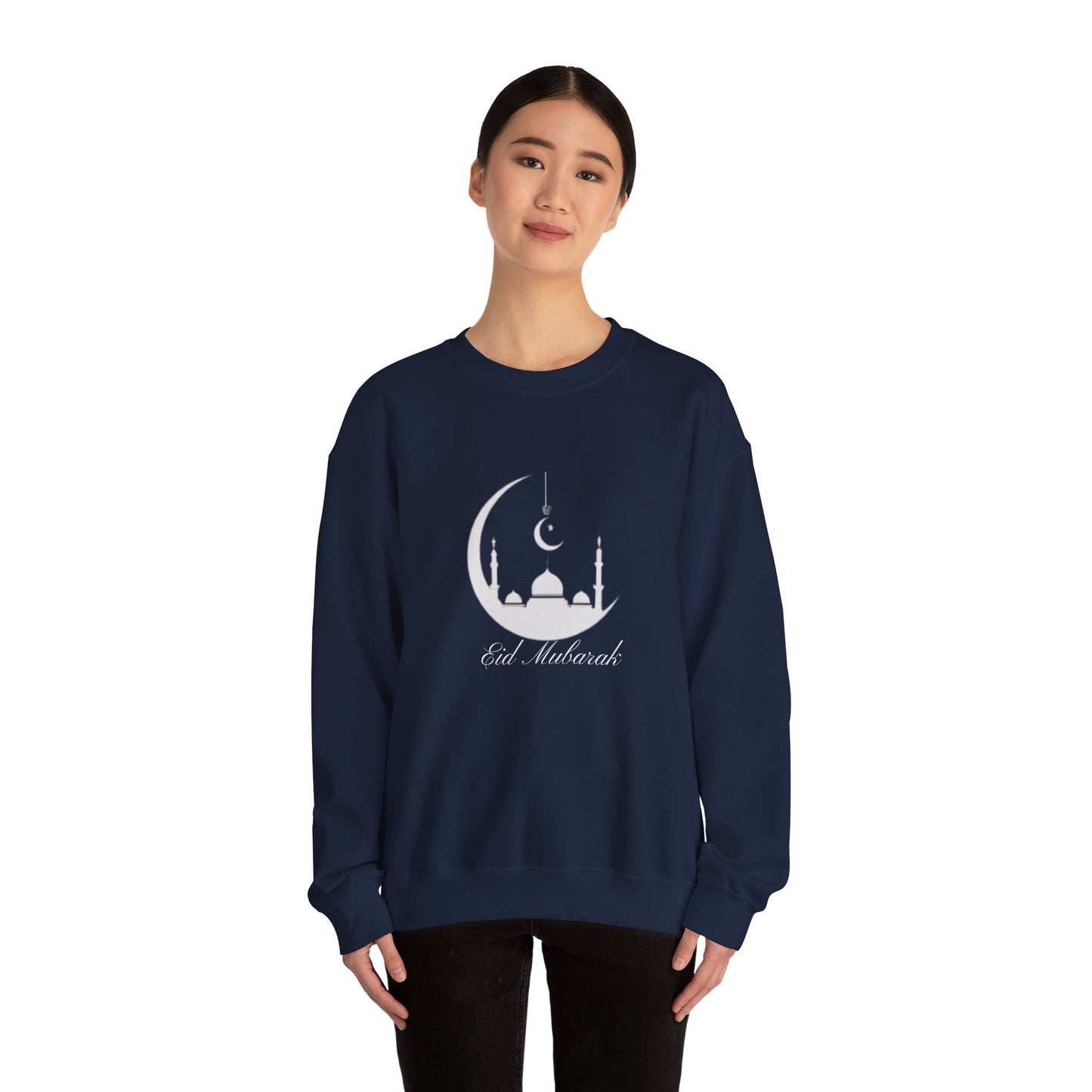 Eid Mubarak Sweatshirt, Crescent Moon Islamic Graphic, Mosques Silhouette Unisex Pullover